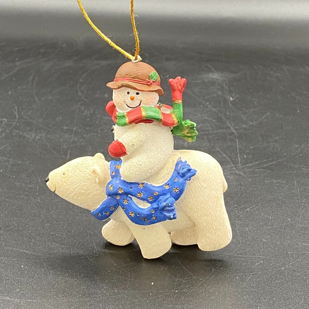 Ceramic Snowman Riding a Polar Bear 3" Christmas Tree Ornament Decor
